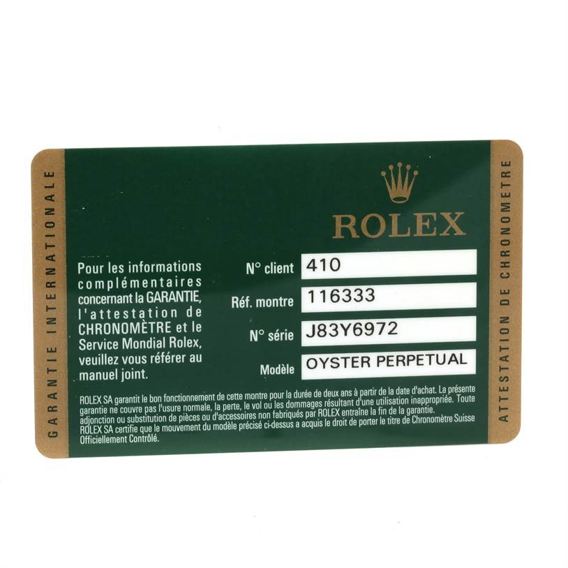 This image shows the warranty card for a Rolex Datejust 41 116333 Men's Steel and Gold (two tone) Black Dial 116333 Men's Steel and Gold (two tone) Black Dial, detailing the client, reference, and serial number.