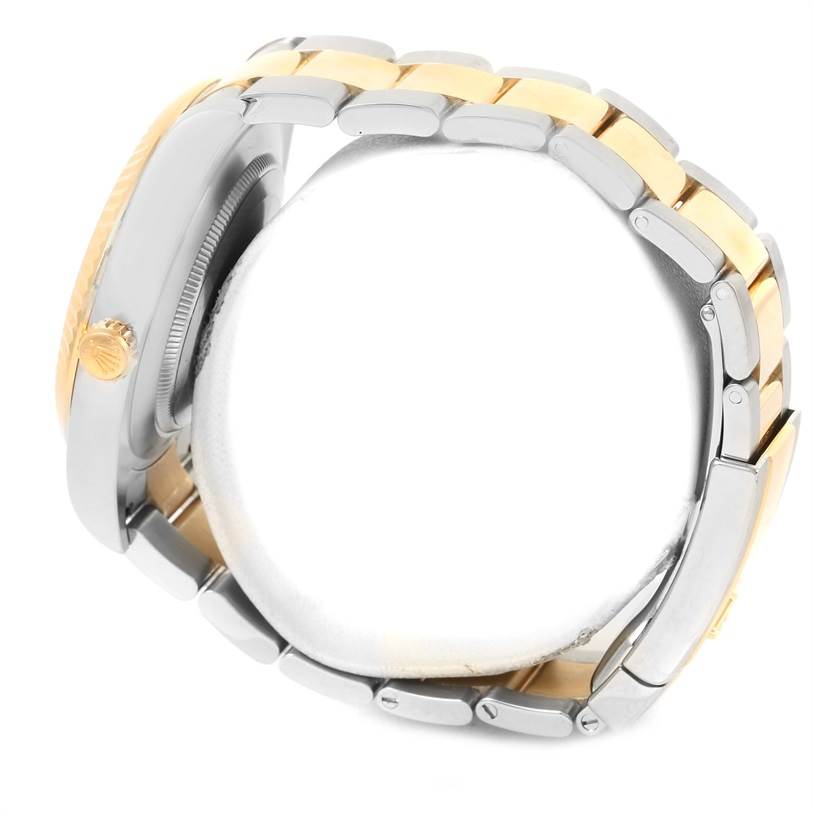 The image shows a side view of the Rolex Datejust 41 116333 Men's Steel and Gold (two tone) Black Dial 116333 Men's Steel and Gold (two tone) Black Dial, highlighting the crown, bezel, and two-tone bracelet.