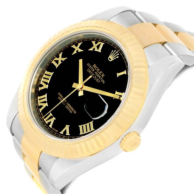 The image shows a Rolex Datejust 41 116333 Men's Steel and Gold (two tone) Black Dial 116333 Men's Steel and Gold (two tone) Black Dial watch at an angled close-up, highlighting the bezel, crown, dial, and part of the bracelet.