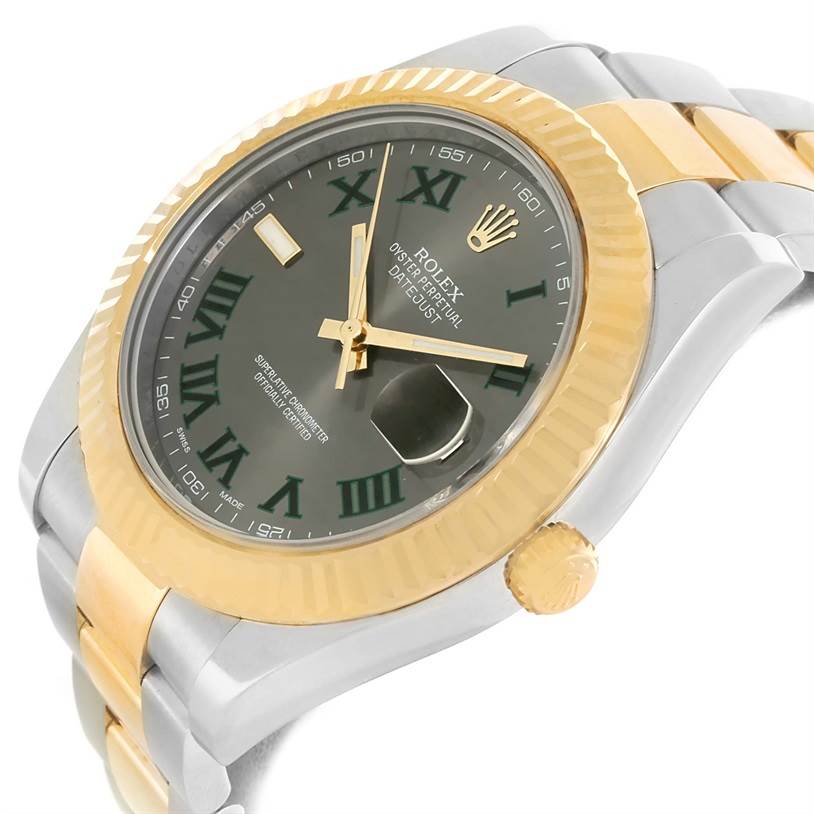 This close-up angled view of the Rolex Datejust 41 116333 Men
s Steel and Gold (two tone) Grey Dial 116333 Men
s Steel and Gold (two tone) Grey Dial watch shows the dial, bezel, crown, and part of the bracelet.