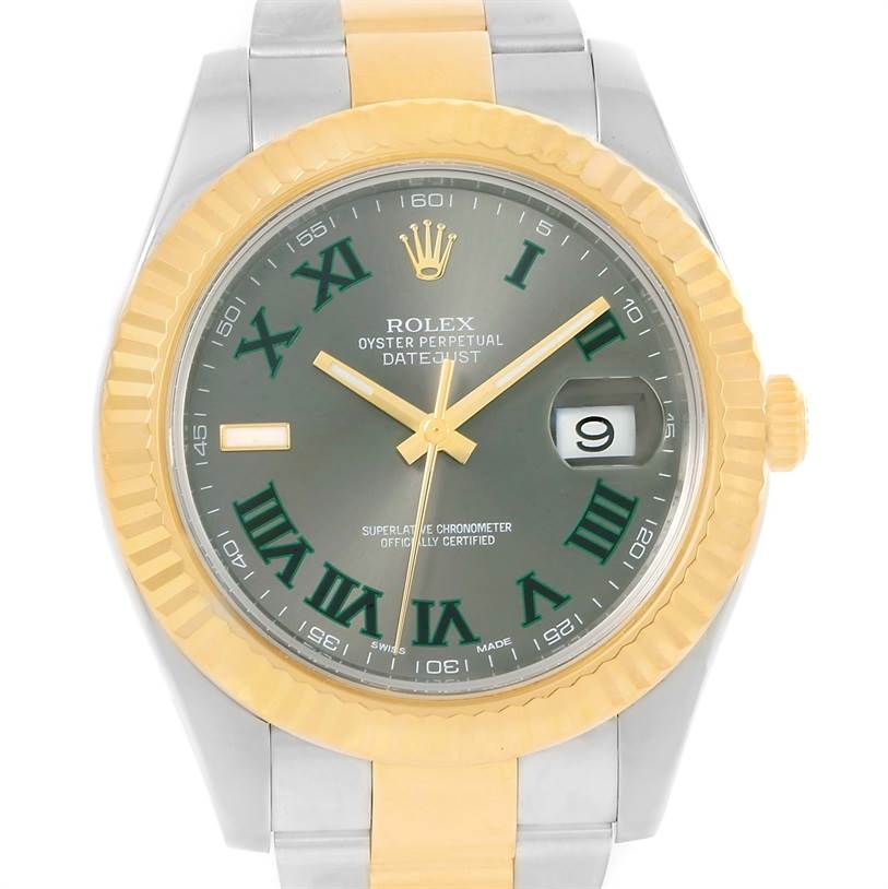 This Rolex Datejust 41 116333 Men
s Steel and Gold (two tone) Grey Dial 116333 Men
s Steel and Gold (two tone) Grey Dial watch is shown from a front angle, highlighting the dial, bezel, and part of the bracelet.