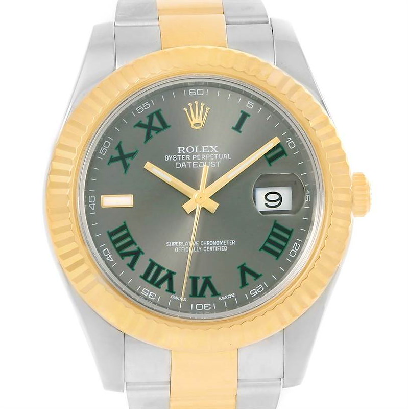 This Rolex Datejust 41 watch is shown from a front angle, highlighting the dial, bezel, and part of the bracelet.