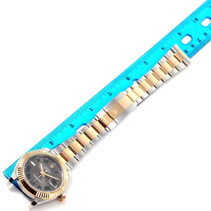 The image shows a Rolex Datejust 41 116333 Men
s Steel and Gold (two tone) Grey Dial 116333 Men
s Steel and Gold (two tone) Grey Dial model watch laid flat with the entire bracelet and case visible next to a blue ruler.