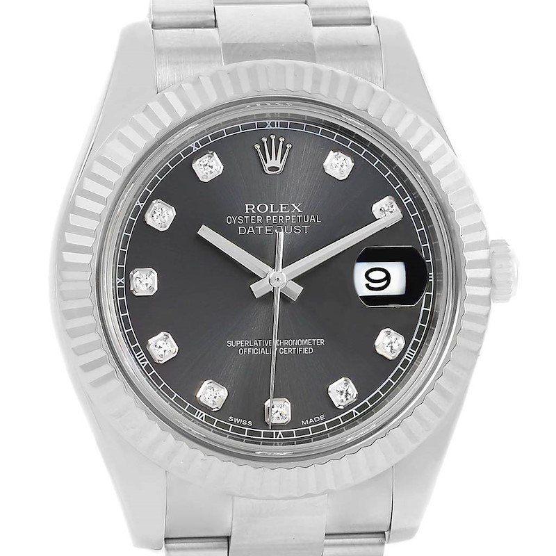 The image shows a Rolex Datejust 41 watch from a front angle, highlighting the dial, bezel, and crown.