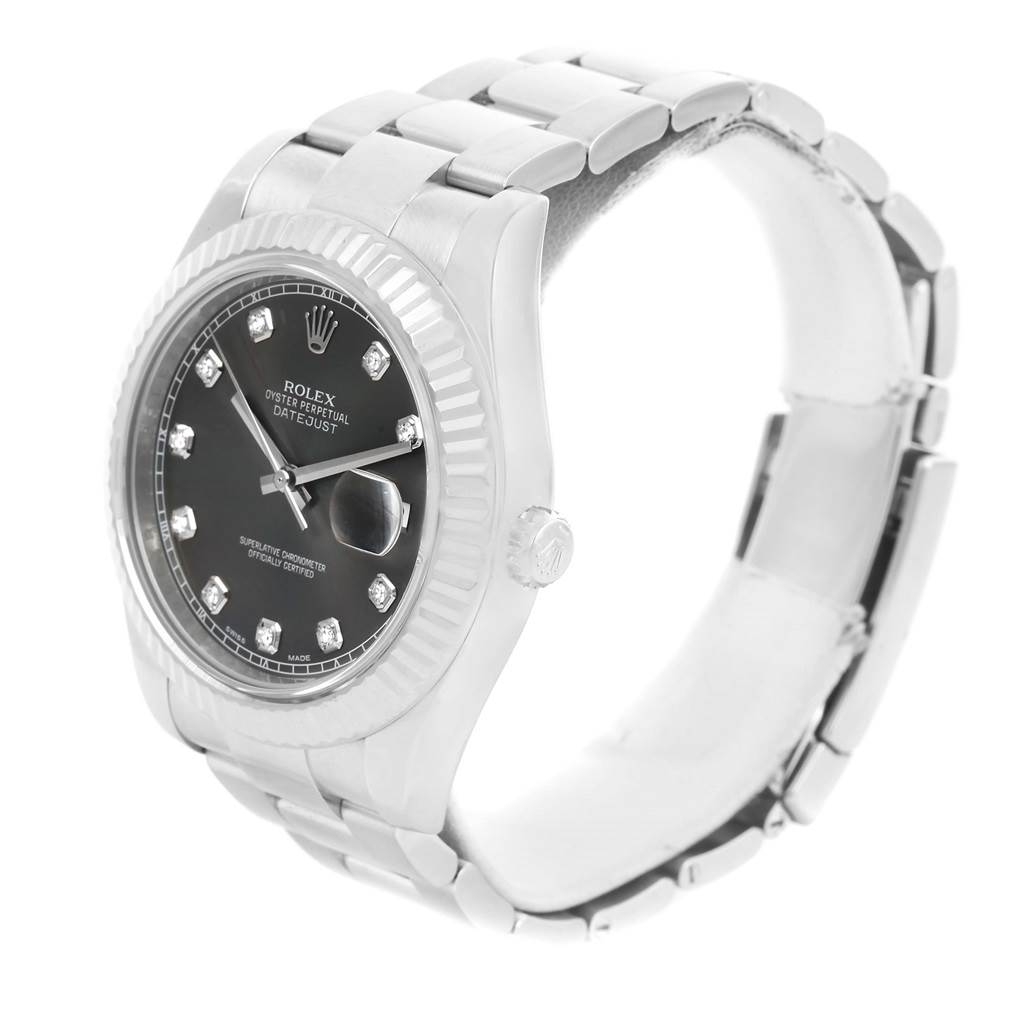 The image shows a Rolex Datejust 41 116334BLRO Men's Stainless Steel Grey Dial 116334BLRO Men's Stainless Steel Grey Dial watch from a three-quarter view, displaying the dial, bezel, crown, and bracelet.