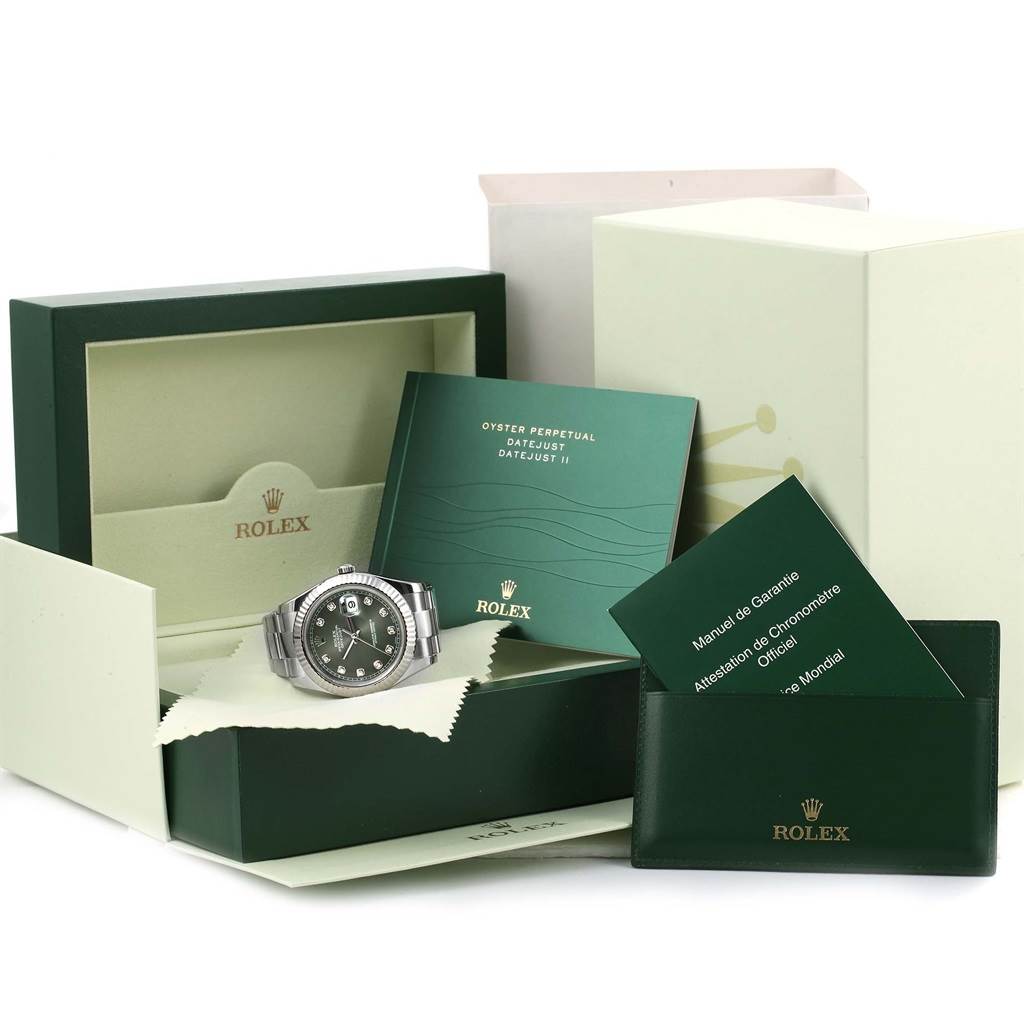 The image shows a Rolex Datejust 41 116334BLRO Men's Stainless Steel Grey Dial 116334BLRO Men's Stainless Steel Grey Dial watch, its box, manuals, and a guarantee card holder from a front angle.