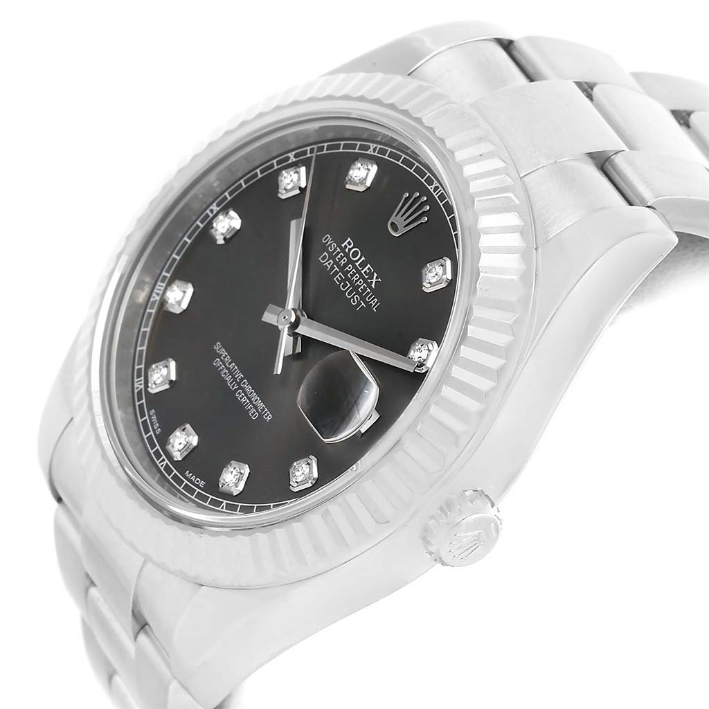 This image shows a side view angle of a Rolex Datejust 41 116334BLRO Men's Stainless Steel Grey Dial 116334BLRO Men's Stainless Steel Grey Dial watch, highlighting its black dial, fluted bezel, and metal bracelet.