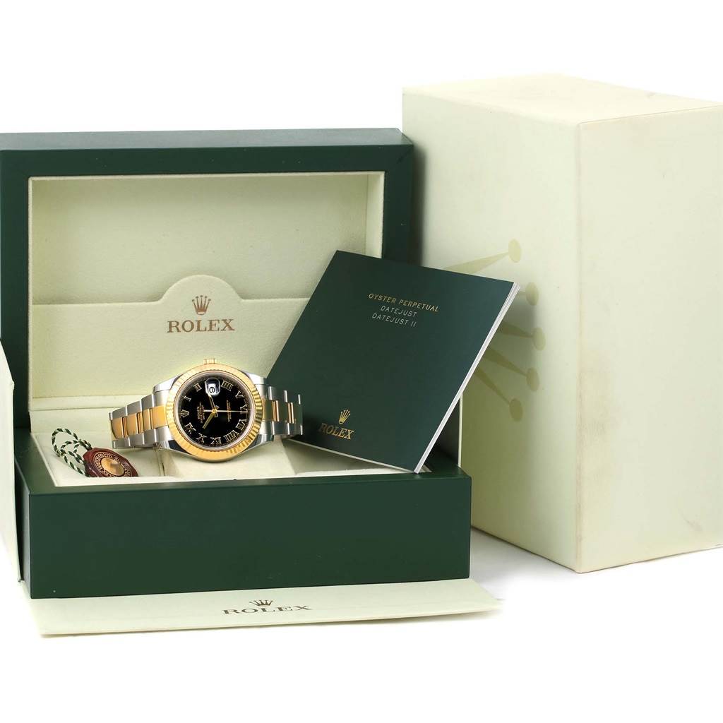 The image shows a Rolex Datejust 41 116333 Men's Steel and Gold (two tone) Black Dial 116333 Men's Steel and Gold (two tone) Black Dial watch displayed flat in an open box with a manual and tags.
