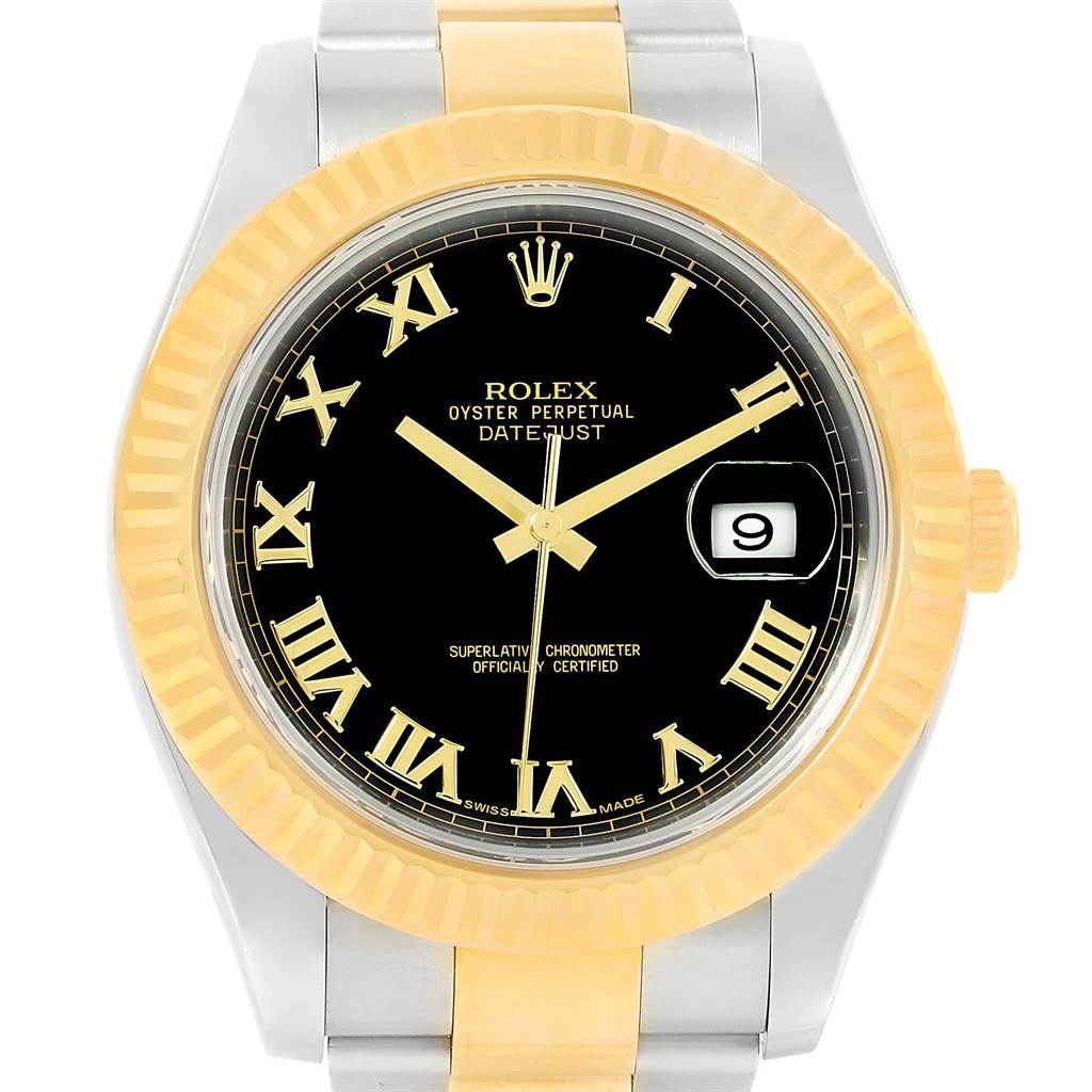 This image shows the full face of a Rolex Datejust 41 116333 Men's Steel and Gold (two tone) Black Dial 116333 Men's Steel and Gold (two tone) Black Dial watch, highlighting its black dial, Roman numerals, and the date window.