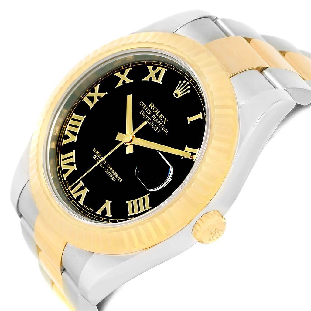 The Rolex Datejust 41 116333 Men's Steel and Gold (two tone) Black Dial 116333 Men's Steel and Gold (two tone) Black Dial watch is shown at a slight side angle, highlighting the bezel, crown, and part of the bracelet.