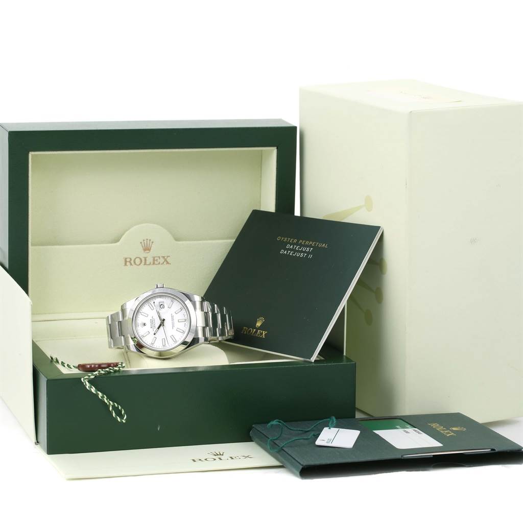 The image shows a Rolex Datejust 41 116300 Men's Stainless Steel White Dial 116300 Men's Stainless Steel White Dial watch in its open box, accompanied by its manuals and identification tags.