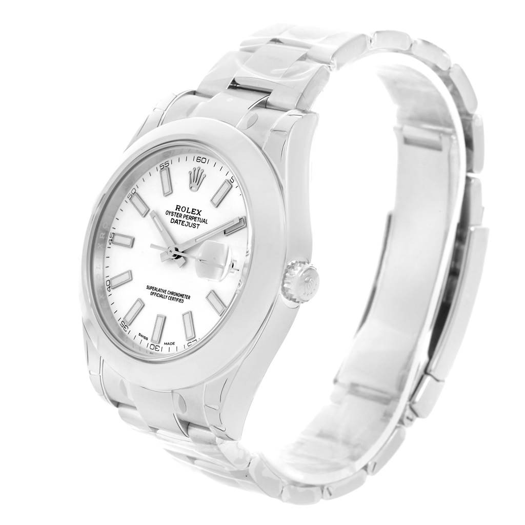 The image shows a Rolex Datejust 41 116300 Men's Stainless Steel White Dial 116300 Men's Stainless Steel White Dial watch at an angled view, highlighting the dial, bezel, and part of the bracelet.