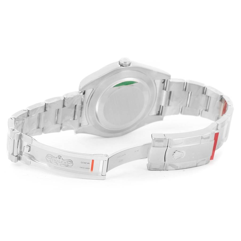 This Rolex Datejust 41 116300 Men's Stainless Steel White Dial 116300 Men's Stainless Steel White Dial watch is shown from the rear, highlighting the clasp, bracelet, and case back.