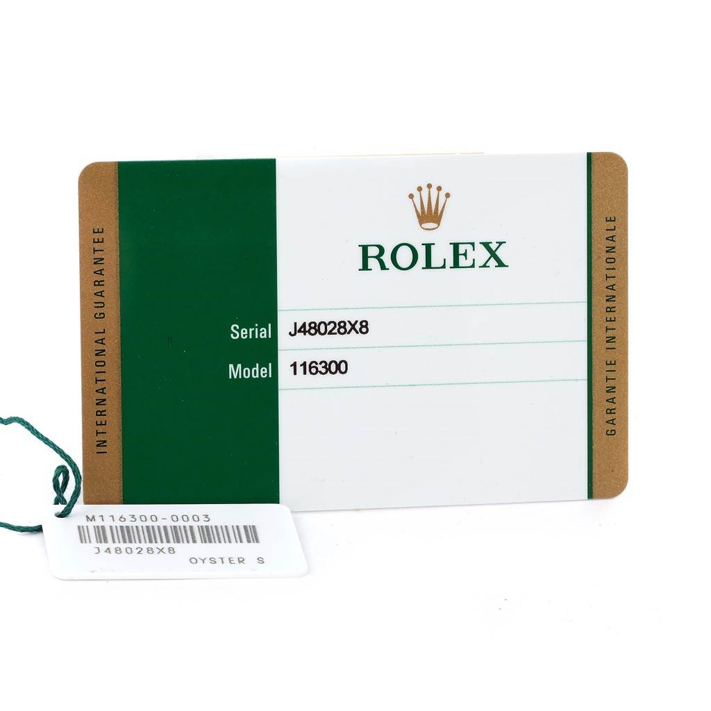 This image shows the warranty card for a Rolex Datejust 41 116300 Men's Stainless Steel White Dial 116300 Men's Stainless Steel White Dial model, revealing the serial and model numbers.