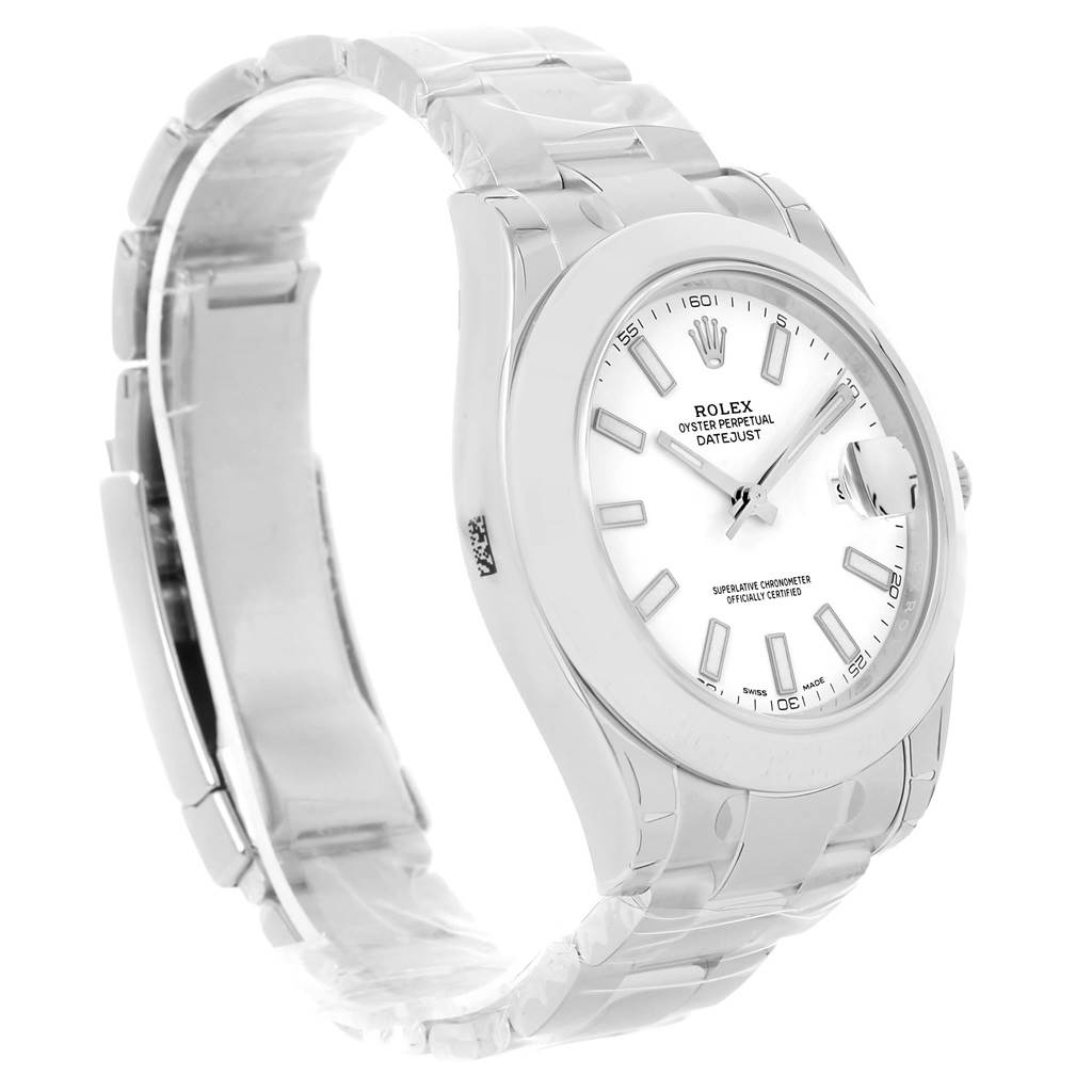 The Rolex Datejust 41 116300 Men's Stainless Steel White Dial 116300 Men's Stainless Steel White Dial watch is shown from a three-quarter left angle, highlighting the case, bracelet, and dial.