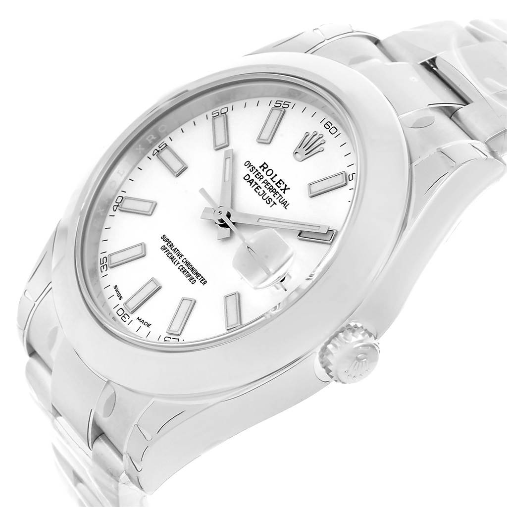 The image shows a close-up, angled view of the dial and crown of a Rolex Datejust 41 116300 Men's Stainless Steel White Dial 116300 Men's Stainless Steel White Dial watch.