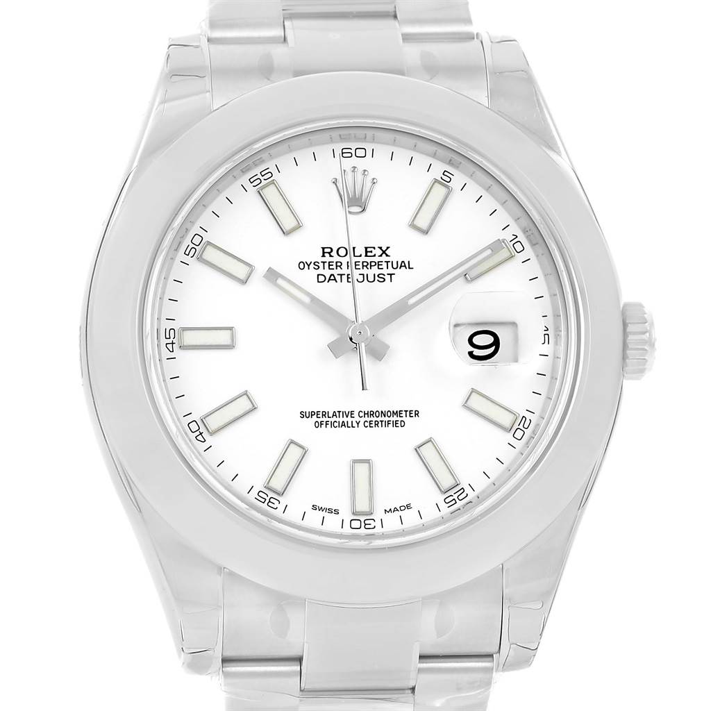 This image shows a front view of the Rolex Datejust 41 116300 Men's Stainless Steel White Dial 116300 Men's Stainless Steel White Dial watch, highlighting its dial, bezel, and bracelet.