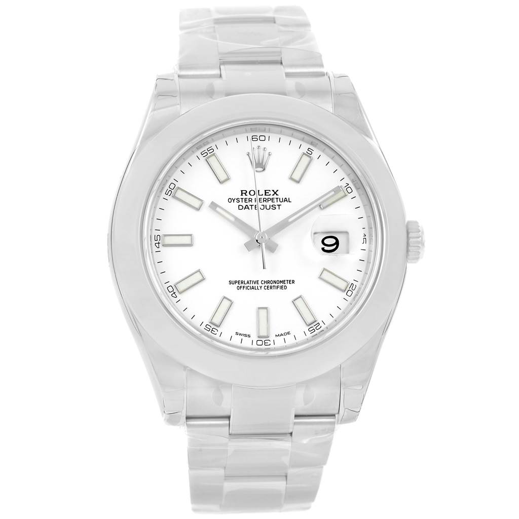 The image shows a front view of the Rolex Datejust 41 116300 Men's Stainless Steel White Dial 116300 Men's Stainless Steel White Dial watch, displaying its dial, bezel, and bracelet.