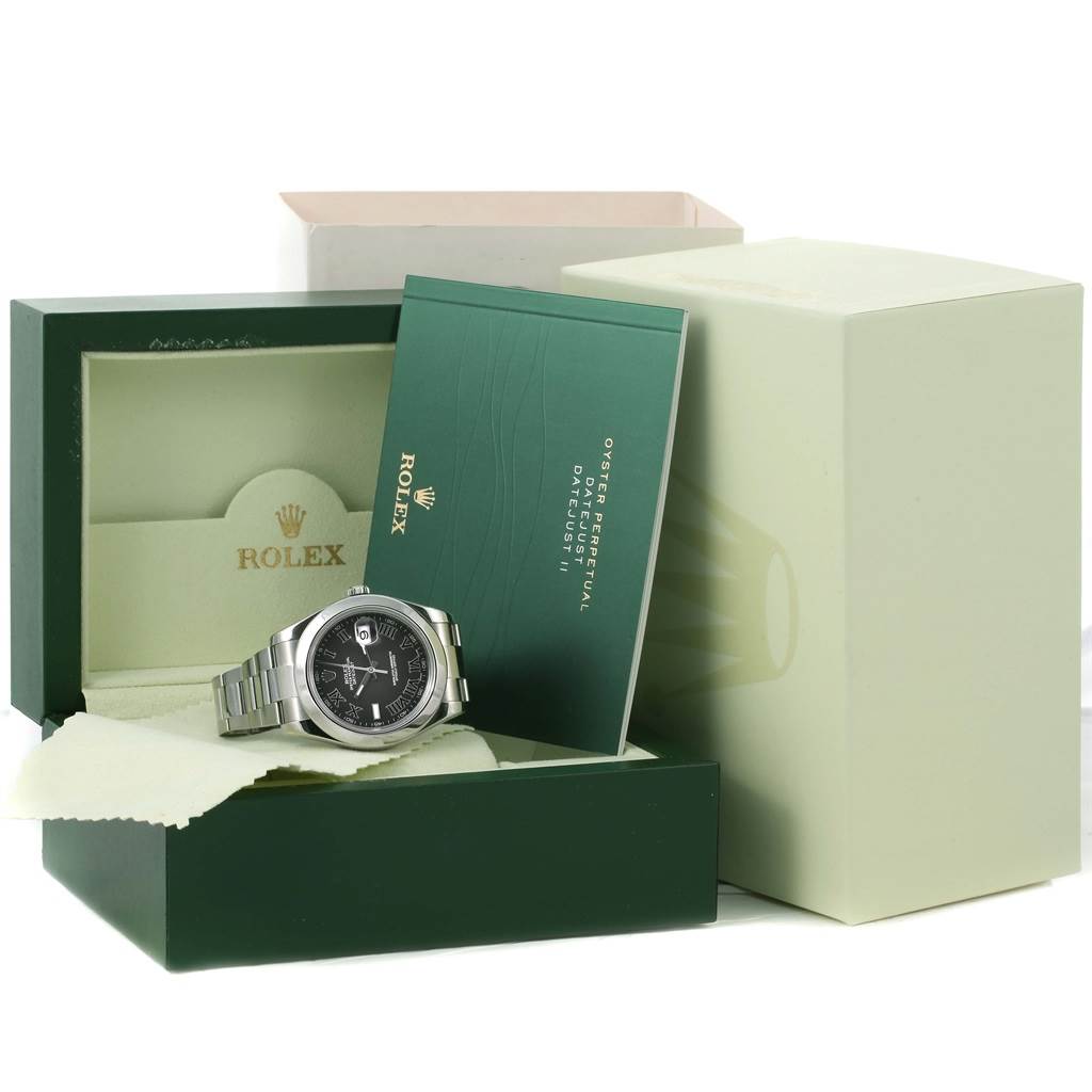 The image shows a Rolex Datejust 41 116300 Men's Stainless Steel Grey Dial 116300 Men's Stainless Steel Grey Dial watch angled from the front, inside its open box with accompanying paperwork.