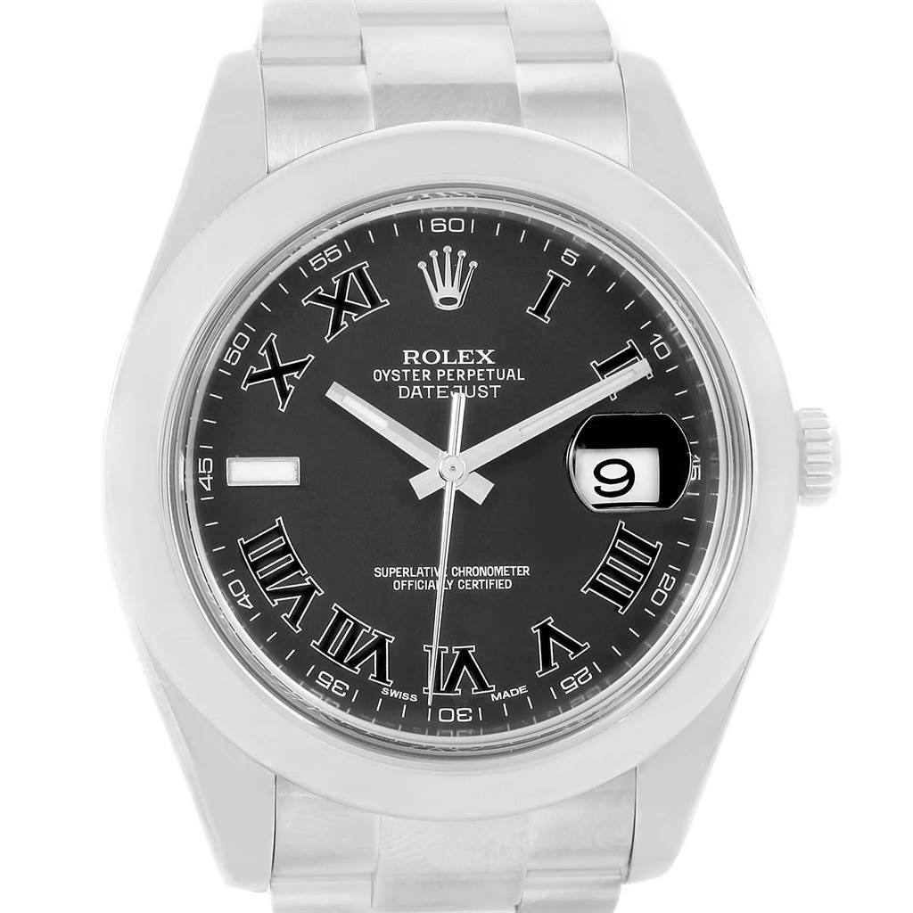 The Rolex Datejust 41 116300 Men's Stainless Steel Grey Dial 116300 Men's Stainless Steel Grey Dial watch is shown from a top-down angle, highlighting the face, bezel, and part of the bracelet.