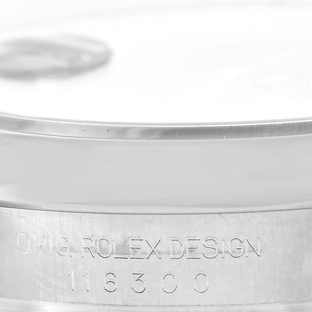 The image shows a close-up of the engraved case side of a Rolex Datejust 41 116300 Men's Stainless Steel Grey Dial 116300 Men's Stainless Steel Grey Dial, displaying the model and "ORIG. ROLEX DESIGN."