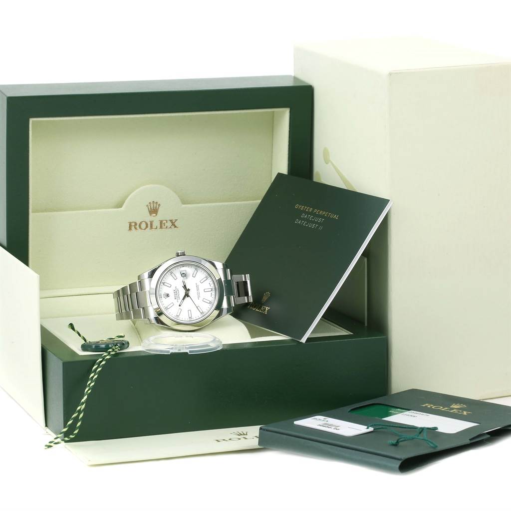 The image shows a Rolex Datejust 41 116300 Men's Stainless Steel White Dial 116300 Men's Stainless Steel White Dial watch in its box, along with accompanying booklets and tags.