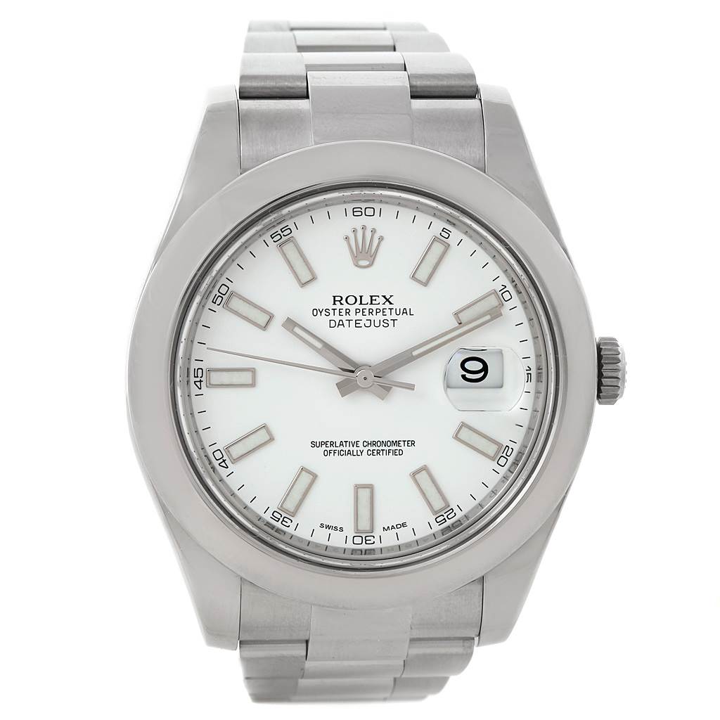 The image shows a Rolex Datejust 41 116300 Men's Stainless Steel White Dial 116300 Men's Stainless Steel White Dial model watch from a front view, displaying its face, bezel, and bracelet.