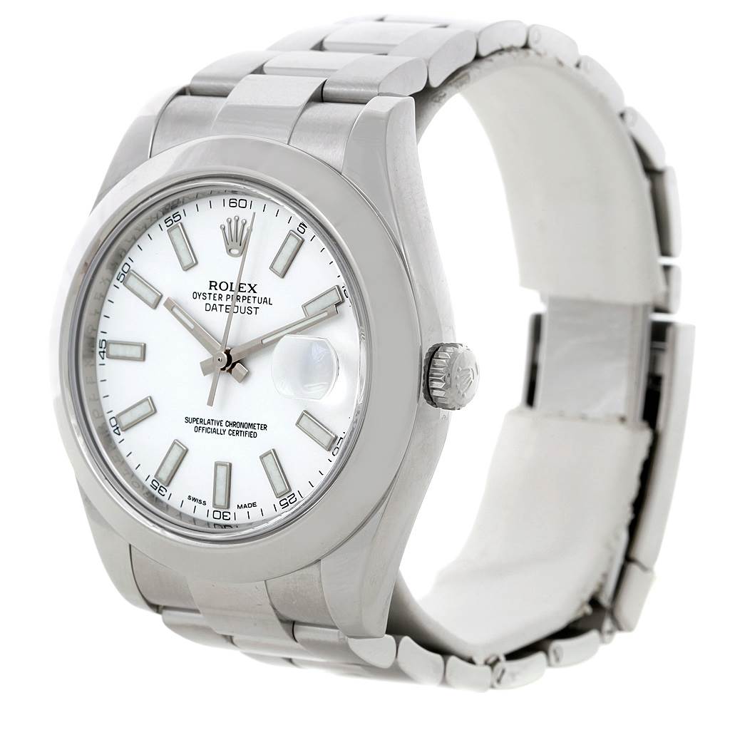 The image shows a Rolex Datejust 41 116300 Men's Stainless Steel White Dial 116300 Men's Stainless Steel White Dial watch at a slight angle, highlighting the dial, crown, and bracelet.
