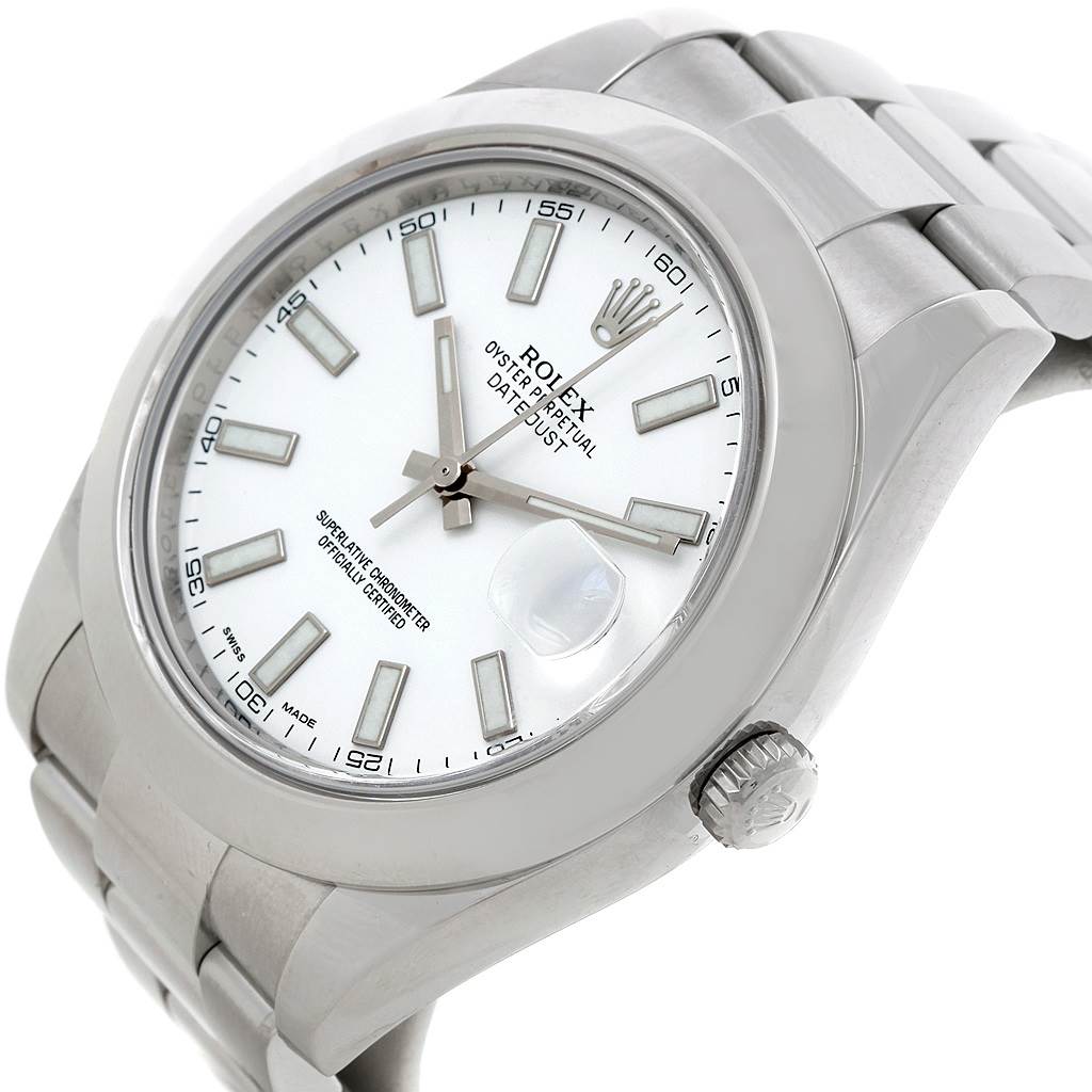 The image shows a close-up of the Rolex Datejust 41 116300 Men's Stainless Steel White Dial 116300 Men's Stainless Steel White Dial watch, highlighting its face, bezel, bracelet, and crown from a slight side angle.