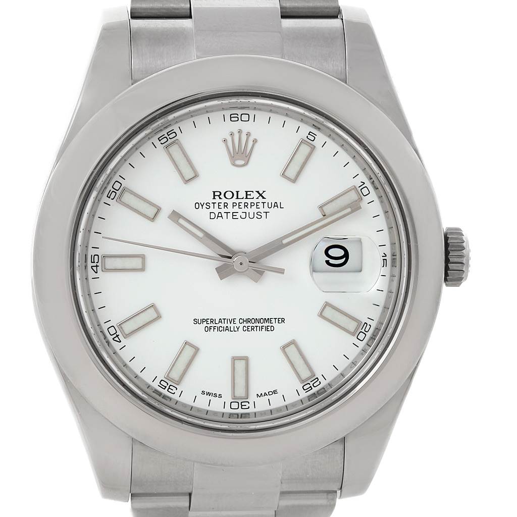 The image shows a front view of the Rolex Datejust 41 116300 Men's Stainless Steel White Dial 116300 Men's Stainless Steel White Dial watch, displaying its dial, bezel, crown, and part of its bracelet.