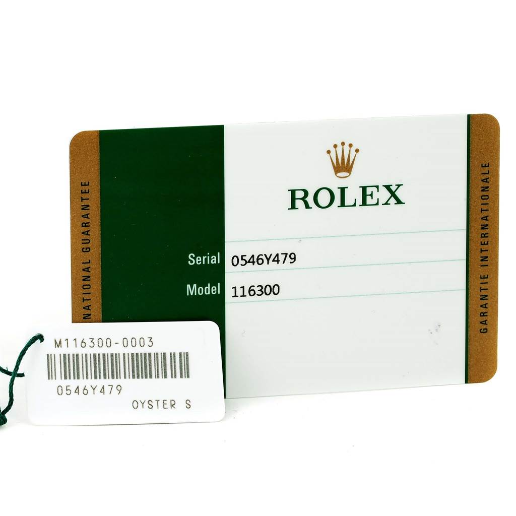 The image shows the warranty card and tag for a Rolex Datejust 41 116300 Men's Stainless Steel White Dial 116300 Men's Stainless Steel White Dial model, serial number 0546Y479, model number 116300.