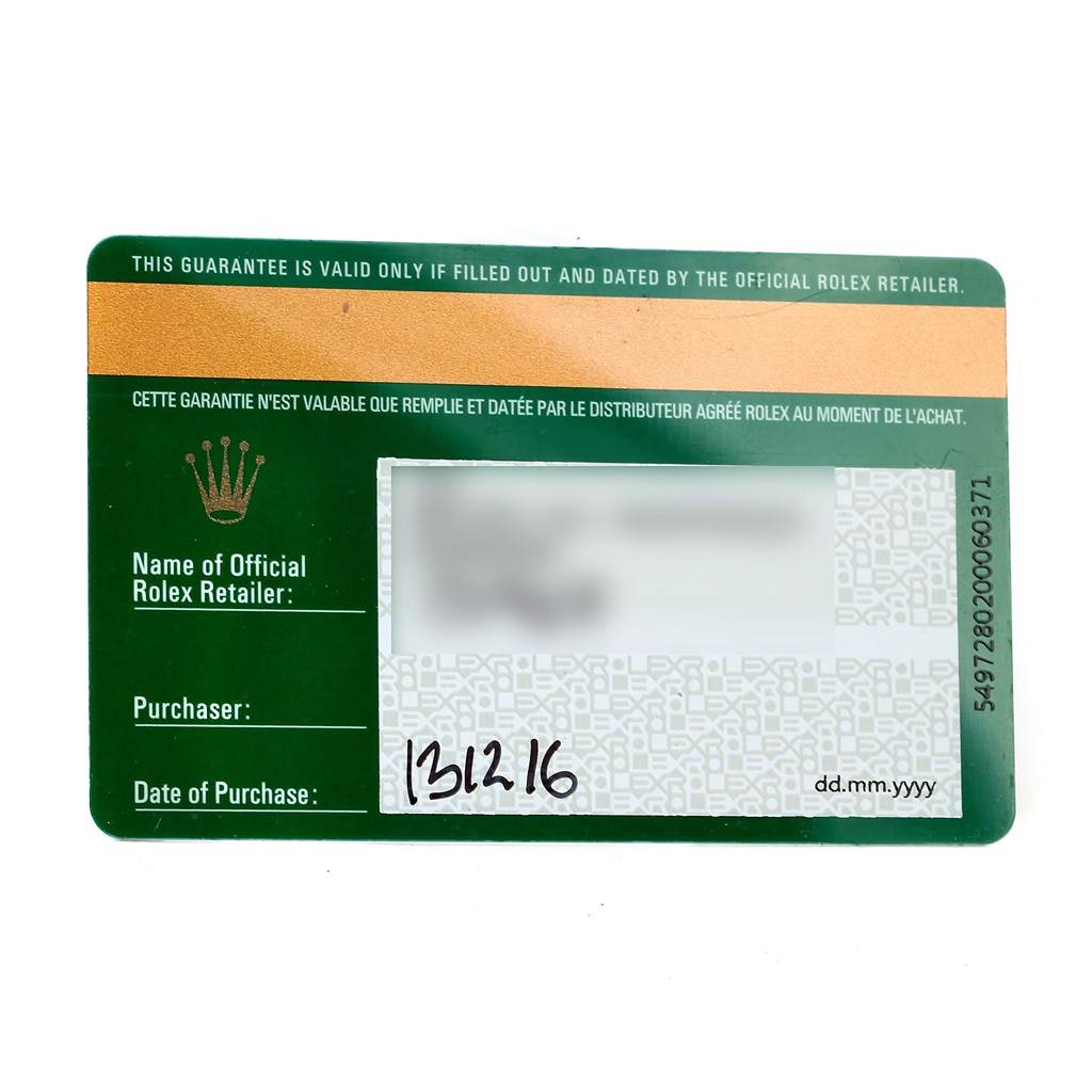 This image shows a close-up of the warranty card for the Rolex Datejust 41 116300 Men's Stainless Steel White Dial 116300 Men's Stainless Steel White Dial model.