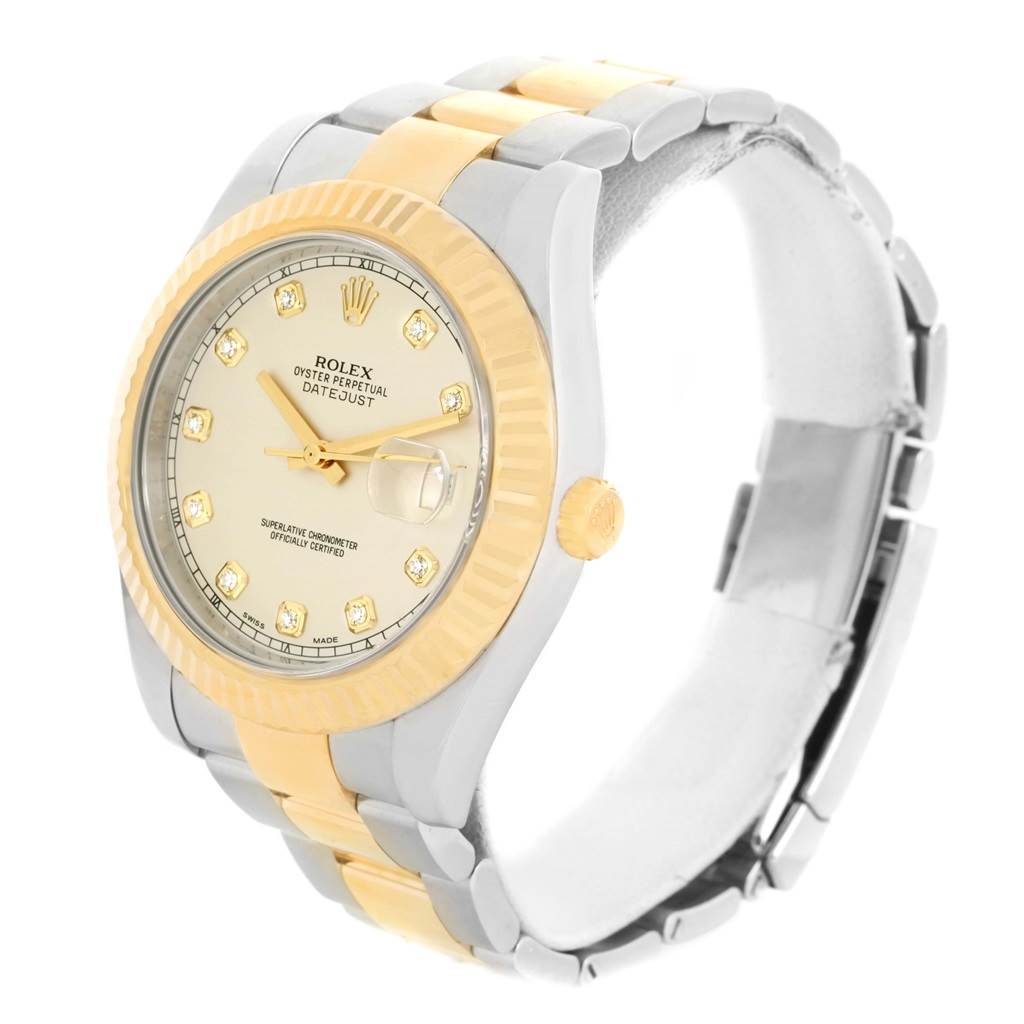 The Rolex Datejust 41 116333 Men's Steel and Gold (two tone) Beige Dial 116333 Men's Steel and Gold (two tone) Beige Dial watch is shown at an angle highlighting the face, bezel, and part of the bracelet.