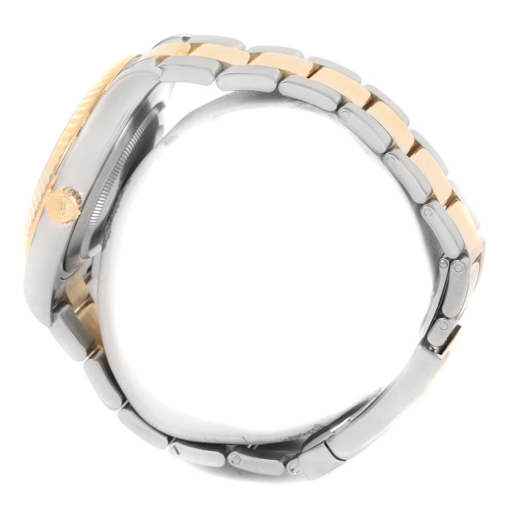 The image shows a side profile of the Rolex Datejust 41 116333 Men's Steel and Gold (two tone) Beige Dial 116333 Men's Steel and Gold (two tone) Beige Dial watch, highlighting the crown, bezel, and bracelet links.