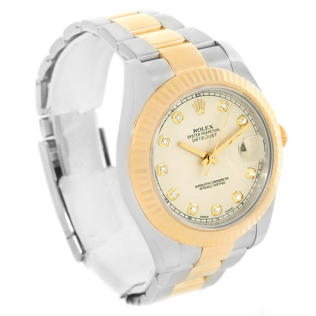 The image shows a Rolex Datejust 41 116333 Men's Steel and Gold (two tone) Beige Dial 116333 Men's Steel and Gold (two tone) Beige Dial watch from a diagonal angle, highlighting the dial, bezel, case, and bracelet.