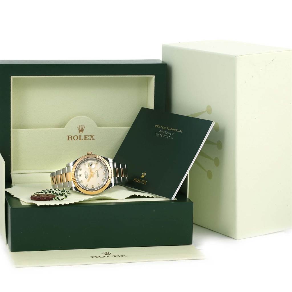 The Rolex Datejust 41 116333 Men's Steel and Gold (two tone) Beige Dial 116333 Men's Steel and Gold (two tone) Beige Dial watch is displayed in a box with accompanying booklets and tags at a slightly elevated front angle.