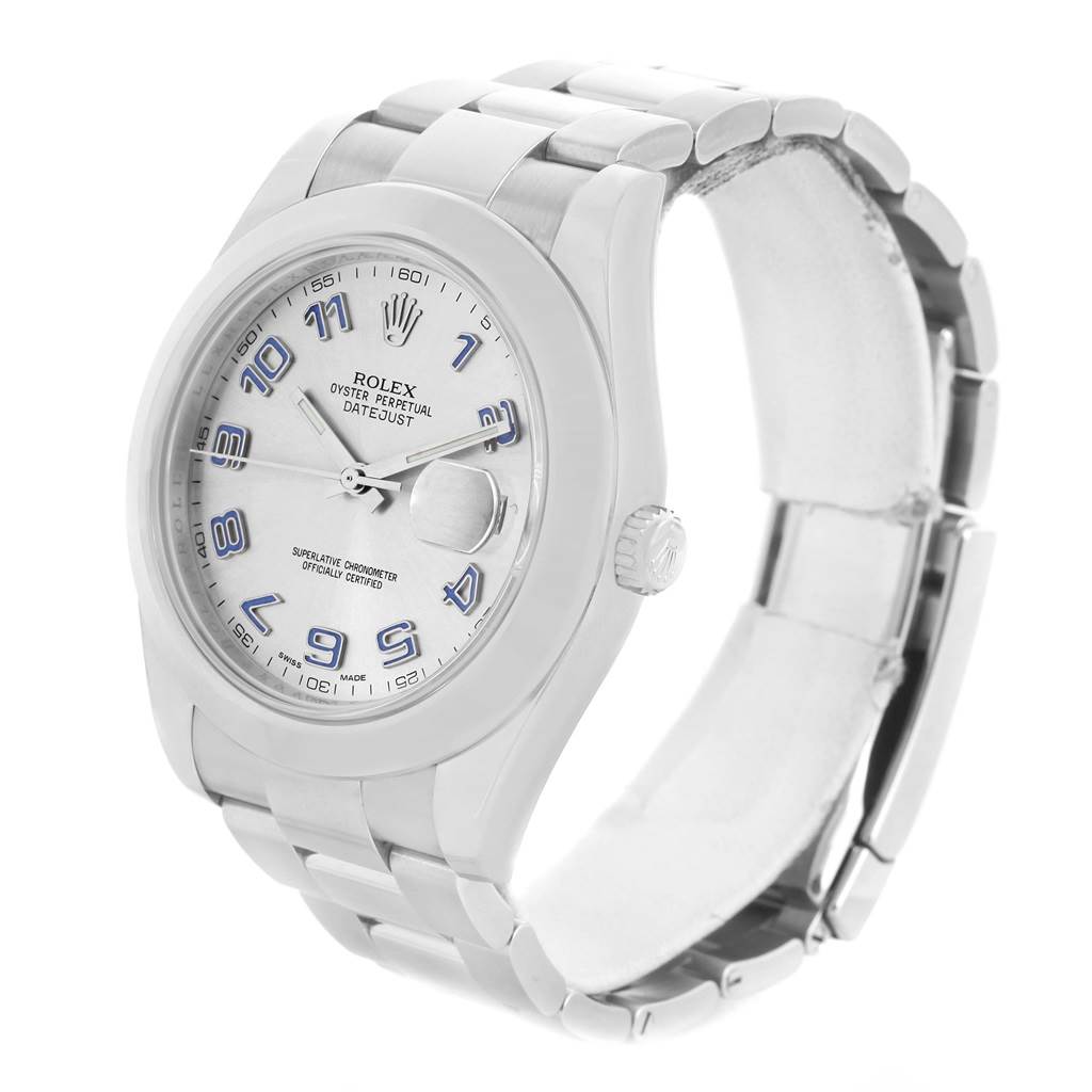 The image shows a Rolex Datejust 41 116300 Men's Stainless Steel Silver Dial 116300 Men's Stainless Steel Silver Dial watch angled to the front, highlighting its face, bezel, and part of the bracelet.