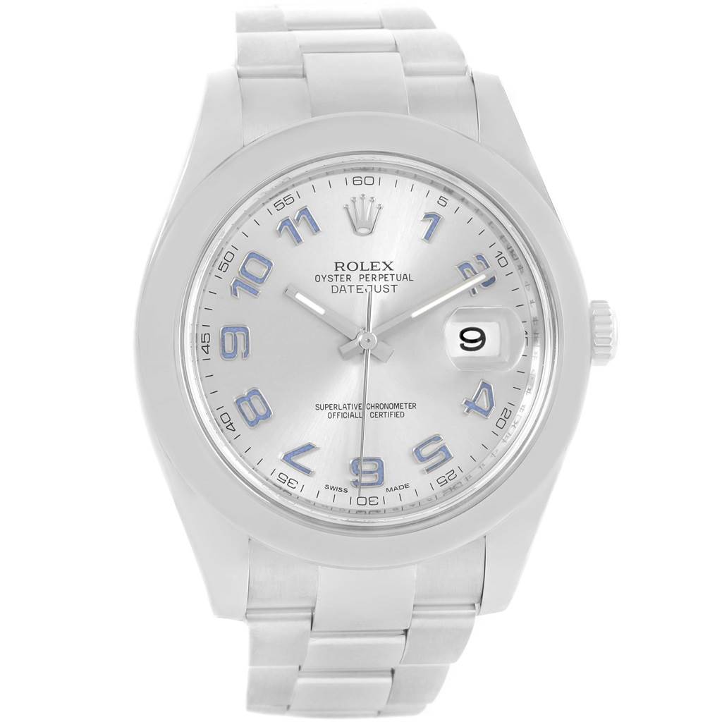 This Rolex Datejust 41 116300 Men's Stainless Steel Silver Dial 116300 Men's Stainless Steel Silver Dial watch is shown from a front angle, displaying the dial, case, bracelet, and date complication.