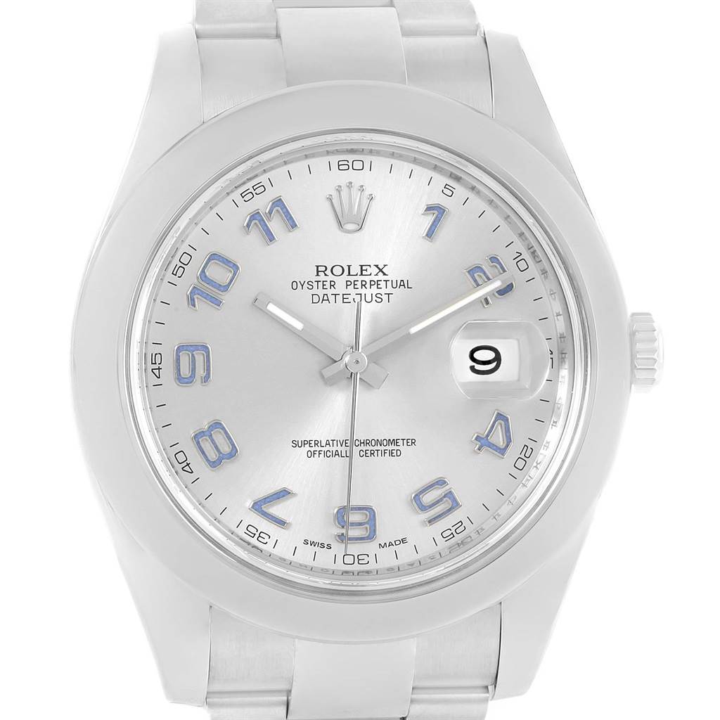 The image shows a front view of the Rolex Datejust 41 116300 Men's Stainless Steel Silver Dial 116300 Men's Stainless Steel Silver Dial watch, featuring its silver dial, blue Arabic numerals, and date window at 3 o'clock.