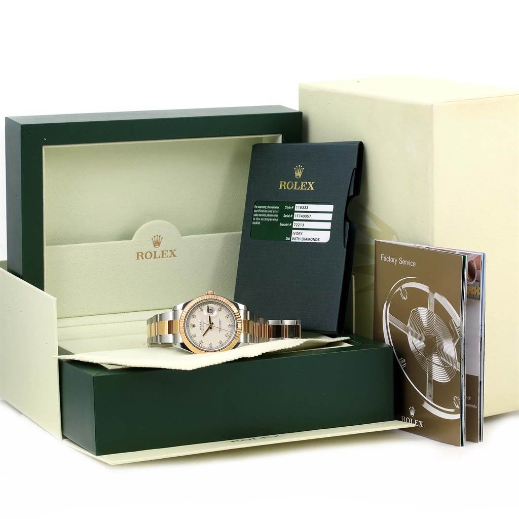 The Rolex Datejust 41 116333 Men's Steel and Gold (two tone) Beige Dial 116333 Men's Steel and Gold (two tone) Beige Dial watch is displayed in its box with accompanying manuals and certification card.