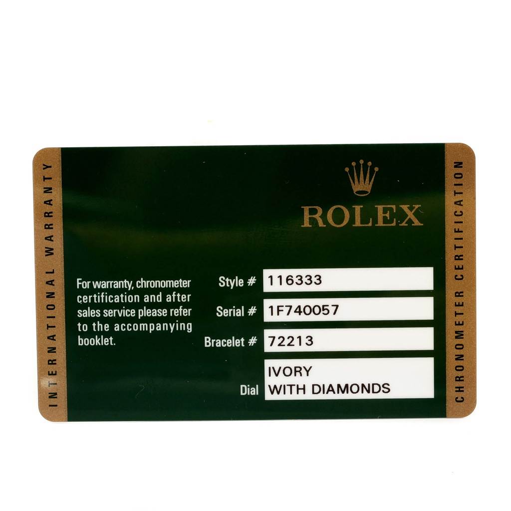 This image shows an international warranty card for the Rolex Datejust 41 116333 Men's Steel and Gold (two tone) Beige Dial 116333 Men's Steel and Gold (two tone) Beige Dial model.