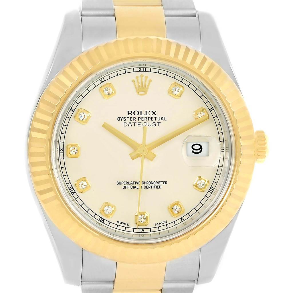 The image shows a front view of the Rolex Datejust 41 116333 Men's Steel and Gold (two tone) Beige Dial 116333 Men's Steel and Gold (two tone) Beige Dial watch, highlighting its dial, fluted bezel, and bracelet.