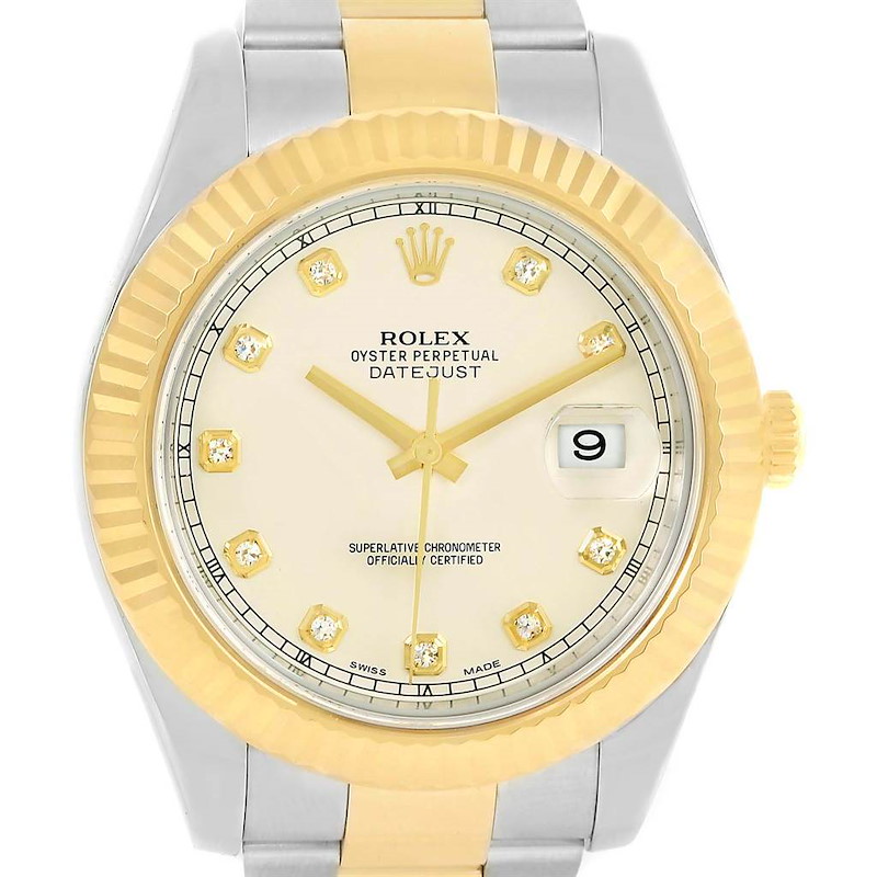 Rolex Datejust II Steel Yellow Gold Ivory Diamond Dial Watch 116333 SwissWatchExpo