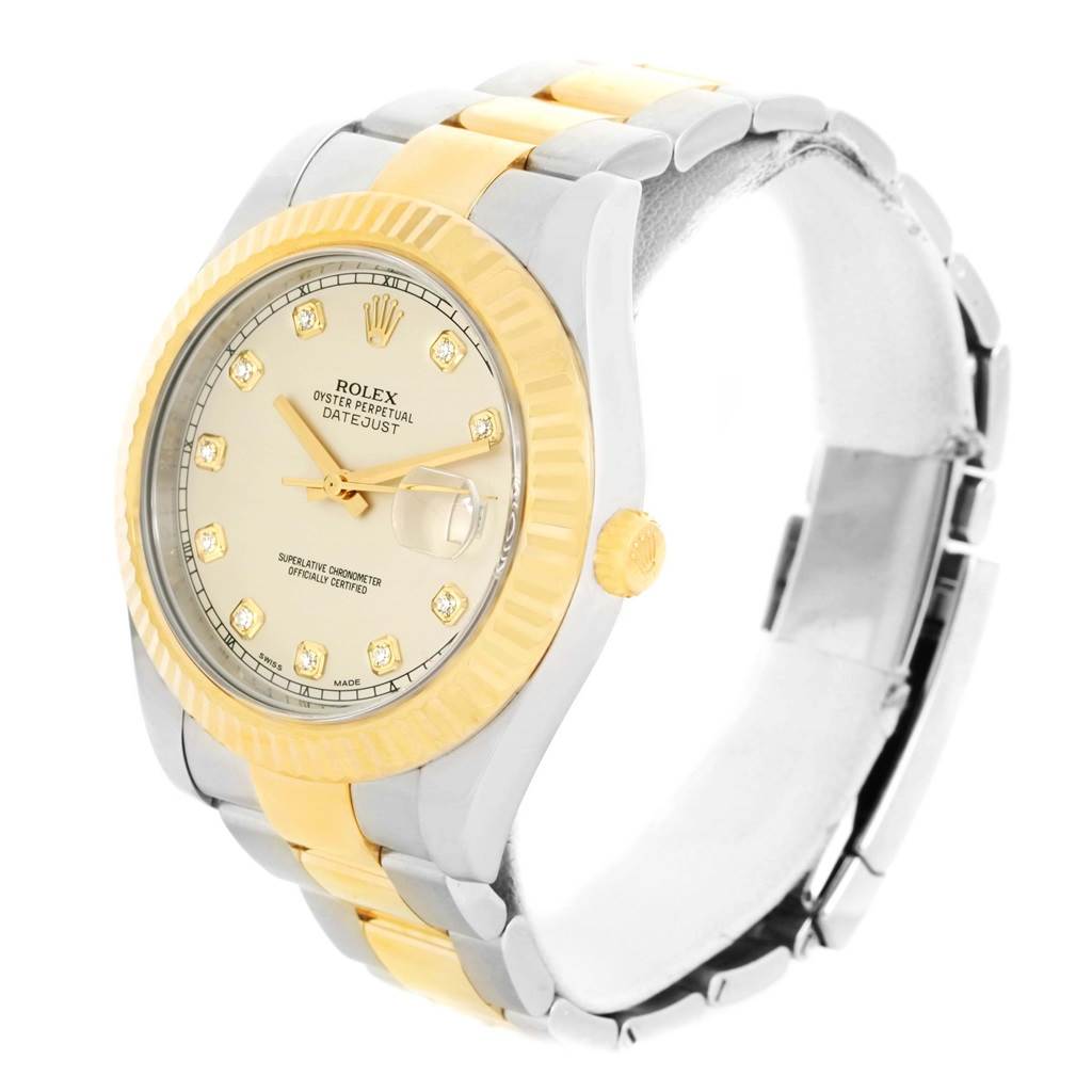 The Rolex Datejust 41 116333 Men's Steel and Gold (two tone) Beige Dial 116333 Men's Steel and Gold (two tone) Beige Dial watch is shown at a slight angle displaying its face, two-tone bracelet, and fluted bezel.