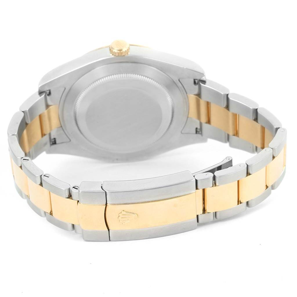The image shows the back view of a Rolex Datejust 41 116333 Men's Steel and Gold (two tone) Beige Dial 116333 Men's Steel and Gold (two tone) Beige Dial watch, highlighting the case back and two-tone bracelet with a clasp.