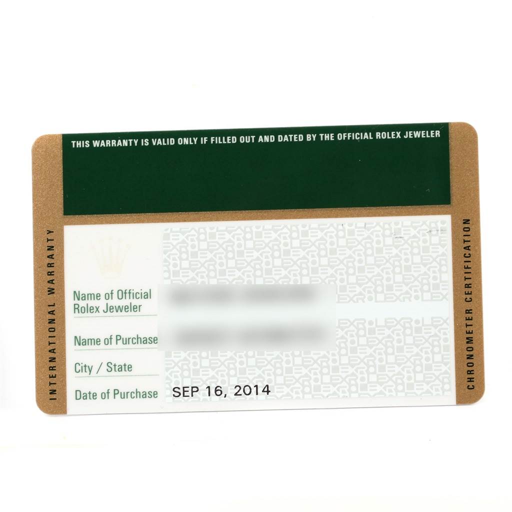 The image shows an International Warranty card for a Rolex Datejust 41 116333 Men's Steel and Gold (two tone) Beige Dial 116333 Men's Steel and Gold (two tone) Beige Dial model, featuring purchase details and certification.