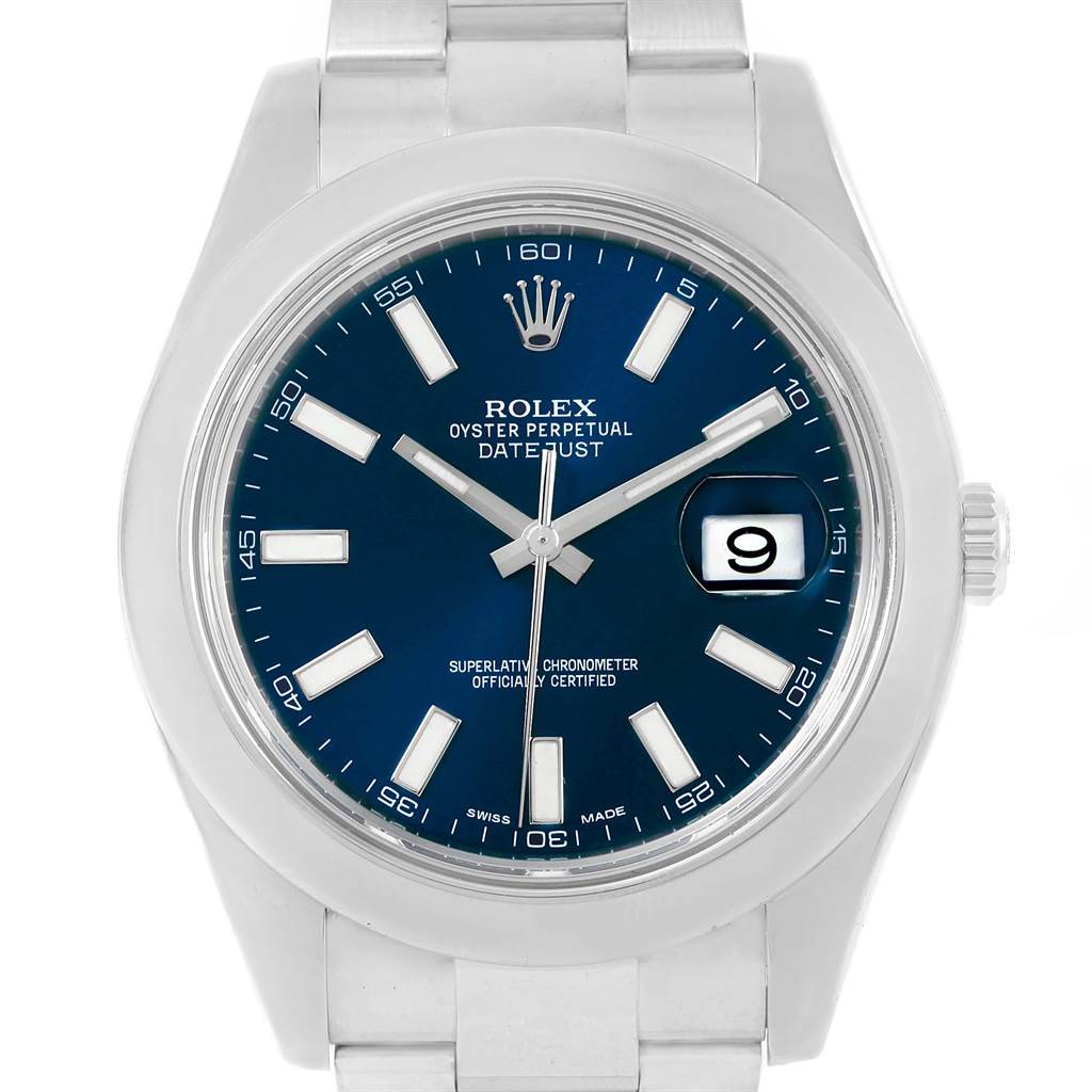 The image shows the front view of a Rolex Datejust 41 116300 Men's Stainless Steel Blue Dial 116300 Men's Stainless Steel Blue Dial watch, focusing on the dial, hour markers, hands, and date window.