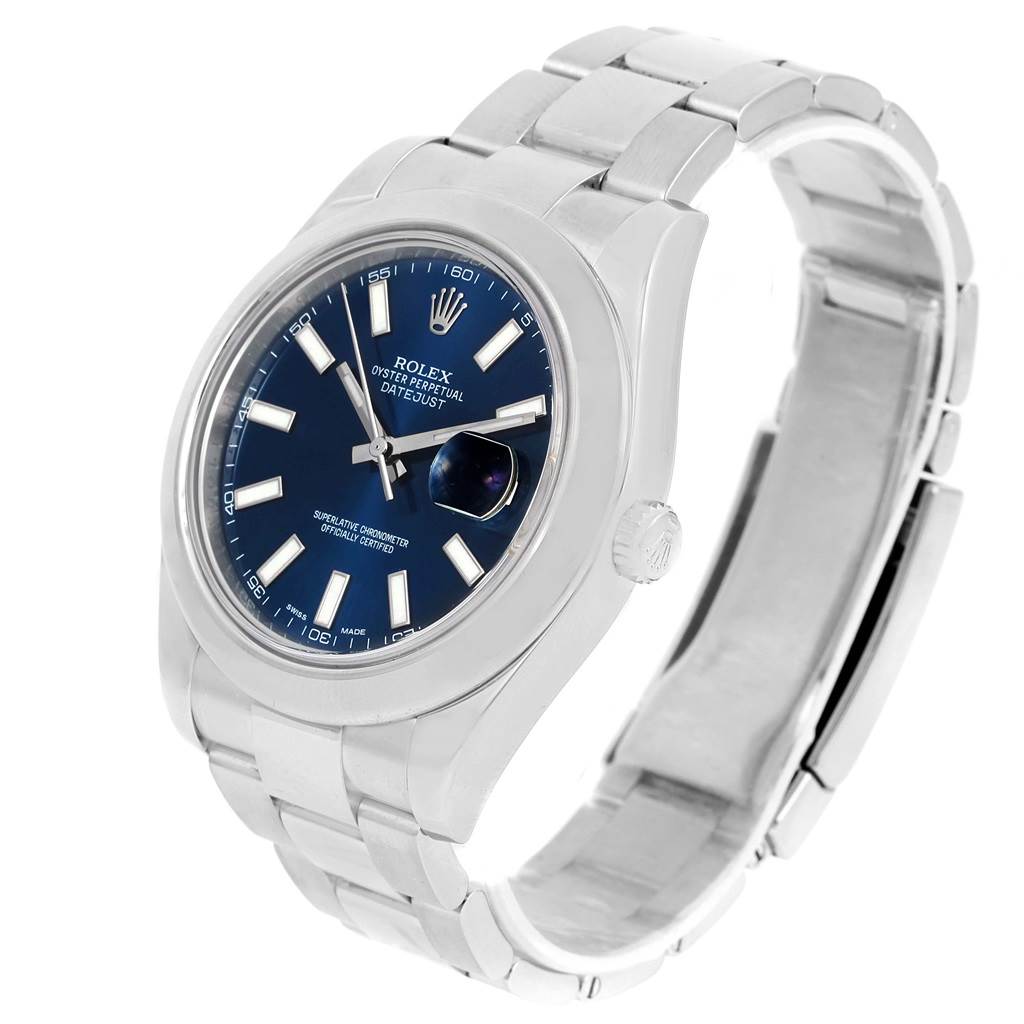 The image shows a Rolex Datejust 41 116300 Men's Stainless Steel Blue Dial 116300 Men's Stainless Steel Blue Dial watch, featuring its face, bezel, crown, and bracelet at a three-quarter angle.