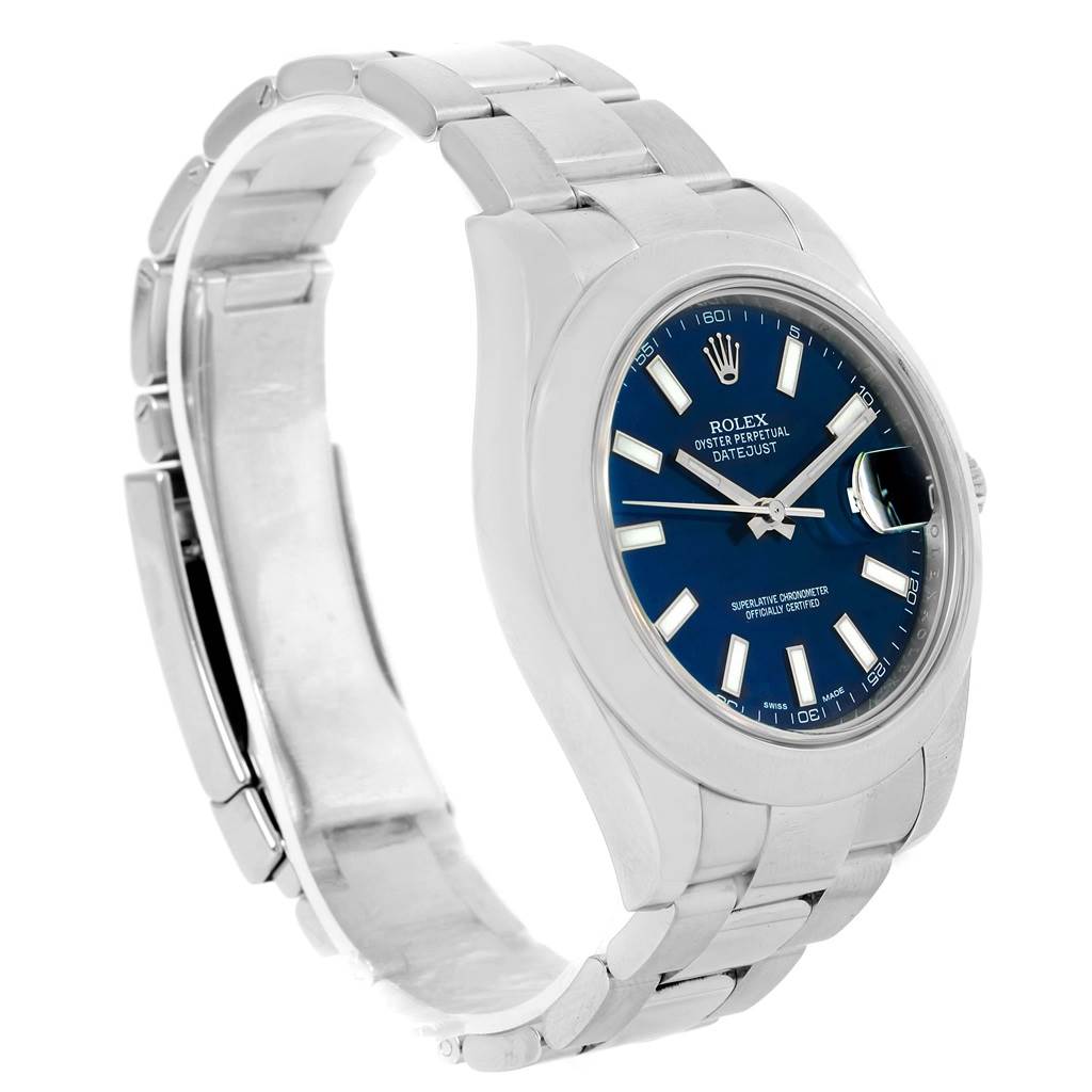 The image shows a Rolex Datejust 41 116300 Men's Stainless Steel Blue Dial 116300 Men's Stainless Steel Blue Dial watch from a three-quarter angle, highlighting the face, bezel, bracelet, and clasp.