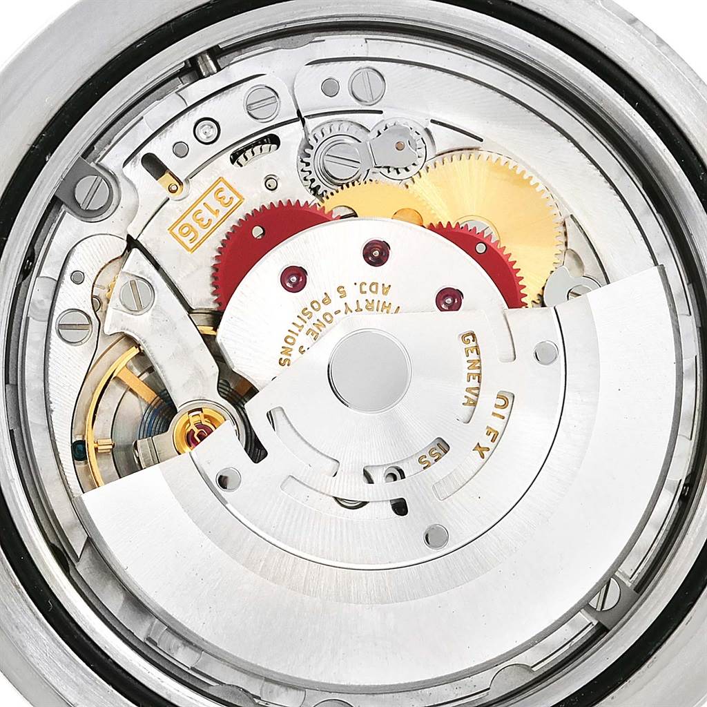 The image shows the internal mechanical movement of the Rolex Datejust 41 116300 Men's Stainless Steel Blue Dial 116300 Men's Stainless Steel Blue Dial watch from a close-up angle.